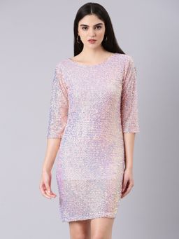 SHOWOFF - Women Round Neck Three Fourth Sleeves Bodycon Embellished Pink Mini Dress