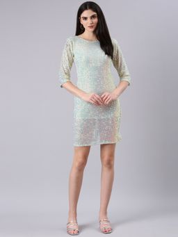 SHOWOFF - Women Round Neck Three Fourth Sleeves Bodycon Embellished Sea Green Mini Dress