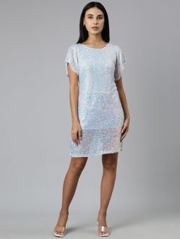 SHOWOFF - Women Round Neck Short Flared Sleeves Bodycon Embellished Blue Above Knee Dress