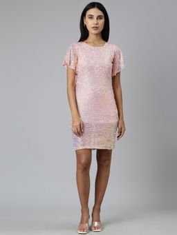 SHOWOFF - Round Neck Short Flared Sleeves Bodycon Embellished Peach Above Knee Dress