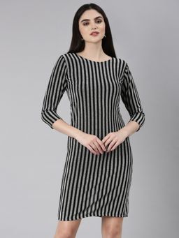 SHOWOFF - Women Round Neck Three Fourth Sleeves Bodycon Striped Silver & Black Mini Dress
