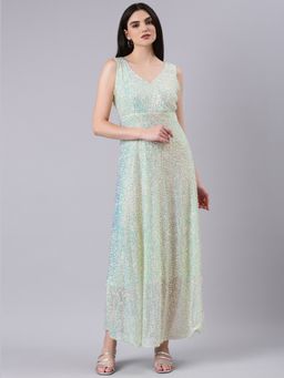 SHOWOFFFF - Women V-Neck Sleeveless A-Line Embellished Sea Green Maxi Dress