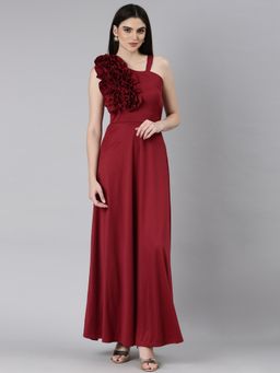 SHOWOFF - Women Asymmetric Neck Sleeveless Solid Maroon Maxi Dress