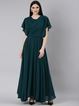 SHOWOFF - Women V-Neck Short Sleeves Solid Green Maxi Dress