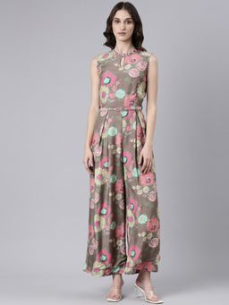 SHOWOFF - Women Keyhole Neck Sleeveless Taupe Printed Basic Jumpsuit