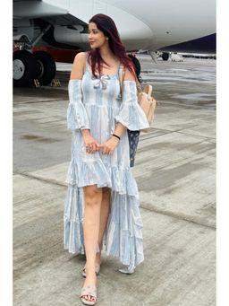 CINCIN Fashion - Lurex Printed Off Shoulder High Low Maxi Dress