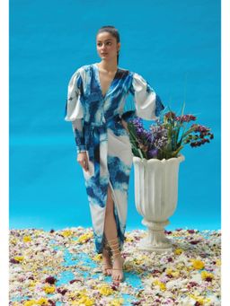 CINCIN Fashion - Blue Wave Printed Wrap-On Dress