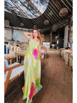 CINCIN Fashion - Green Printed Satin Smock Long Dress