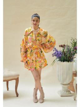 CINCIN Fashion - Mustard Pear Printed Drop Shoulder Mini Dress
