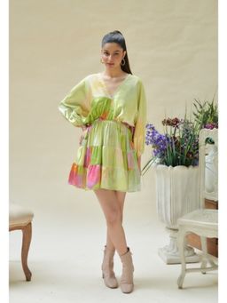 CINCIN Fashion - Green Printed V Neck Gathered Mini Dress
