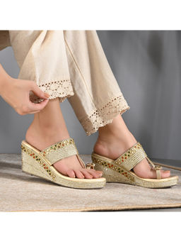 Valentino - Women Gold Embroidered Toe Ring Wedge