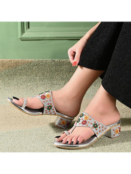 Valentino - Women Silver Floral Embellished Toe-Ring Block Heels