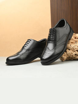 Valentino - Men Premium Black Leather Military Brogue Design Uniform Shoes