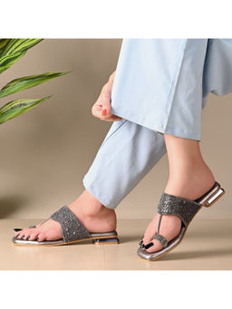 Valentino - Women Grey Embellished Toe-Ring Flats Slip-On Flats