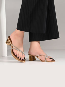 Valentino - Women Gold Embellished Block Heel Slip-On Heels