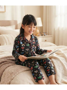 SEPHANI - Black Cotton Relaxed Printed Shirt with Pyjama