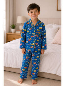 SEPHANI - Blue Cotton Relaxed Printed Shirt with Pyjama