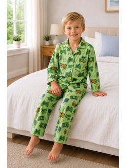 SEPHANI - Green Cotton Relaxed Printed Shirt with Pyjama