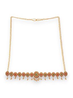 Accessher - Gold Plated Red Green Stones Studded Waist Belt