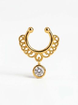 Accessher - Antique Gold-Tone Clip-On Septum Adjustable Nose Ring White Stone Drop