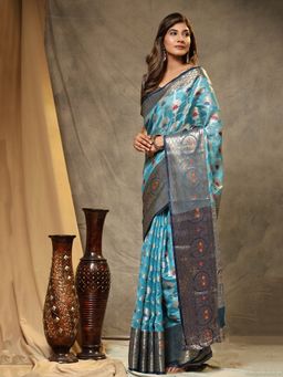 Yavira Silk - Organza Silk Saree with Unstitched Blouse - Blue