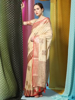 Yavira Silk - Katan Silk Saree with Unstitched Blouse - Cream