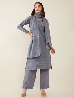 Soch - Grey Machine Embroidery Silk Unstitched Dress Material - 3 Meter Kurta Fabric
