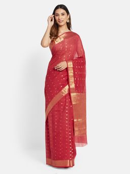 Fabindia - Red Cotton Silk Jaal Saree without Blouse