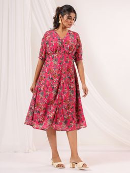 Janasya - Pink Floral A-Line Fit Dress