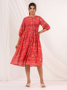 Janasya - Red Floral Gathered Fit Dress