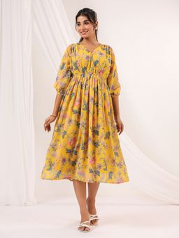 Janasya - Yellow Floral A-Line Fit Dress