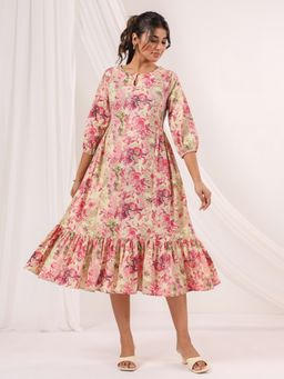 Janasya - Pink Floral A-Line Fit Dress