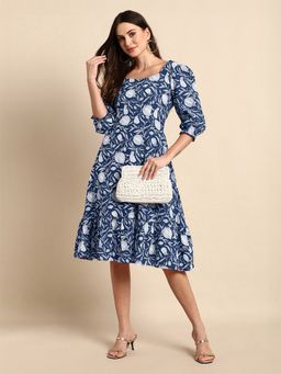 Janasya - Indigo Floral A-Line Fit Dress