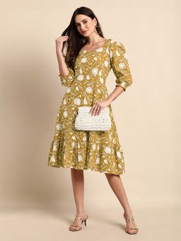Janasya - Mustard Floral A-Line Fit Dress