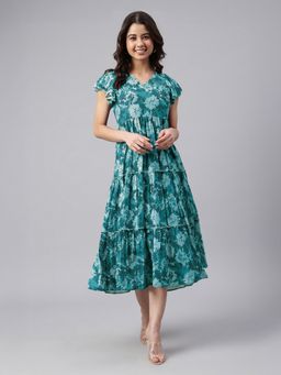 Janasya - Teal Abstract Flared Fit Dress