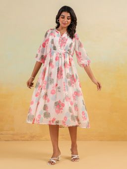 Janasya - Cream Self Design Flared Fit Dress
