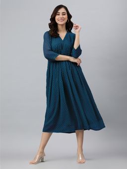 Janasya - Teal Self Design Flared Fit Dress