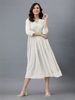Janasya - Off White Self Design Flared Fit Dress