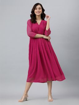 Janasya - Pink Self Design Flared Fit Dress