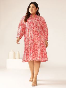 Janasya - Pink Floral A-Line Fit Dress
