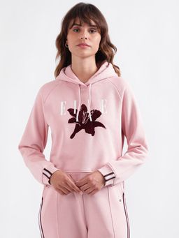 ELLE - Women Pink Printed Hooded Full Sleeves Pullover Style Sweatshirt