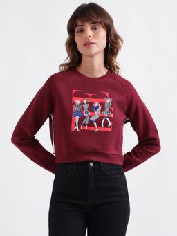 ELLE - Women Red Printed Round Neck Full Sleeves Pullover Style Sweatshirt