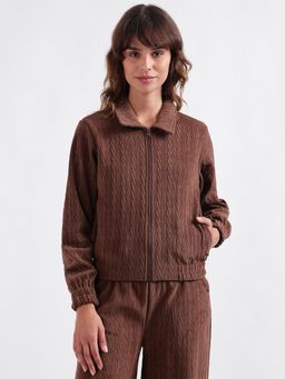 ELLE - Women Brown Spread Collar Full Sleeves Zip Through Sweatshirt