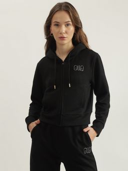 ELLE - Women Black Solid Hooded Full Sleeves Sweatshirt