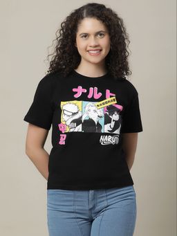 Kidsville - Naruto Printed Black T-Shirt for Girls