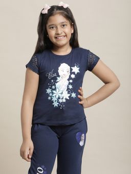 Kidsville - Frozen Printed Navy Blue T-Shirt for Girls
