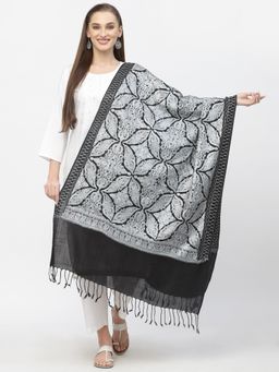 Anekaant - Crewel Black and Grey Floral Embroidered Polywool Stole