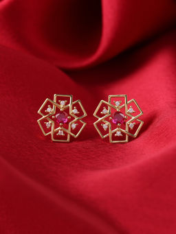 Ornate Jewels - 925 Silver 18K Gold Plated Round Red Ruby Modern Classic Stud Earring for Women & Girls