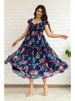 Polago Clothing - Navy Blue Floral Midi Dress