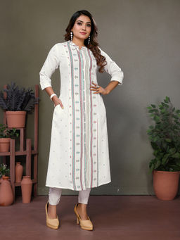 Rangita - Women Off White Rayon Printed Calf Length A-Line Kurta